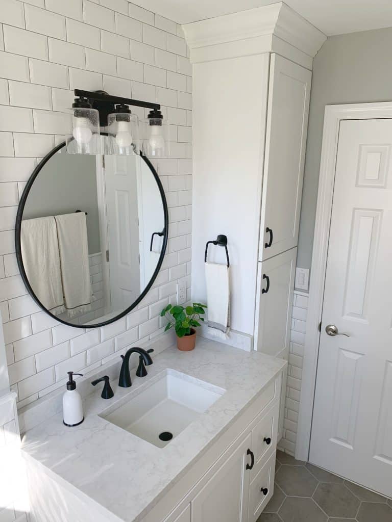 modern farmhouse Bathroom vanity and linen cabinet